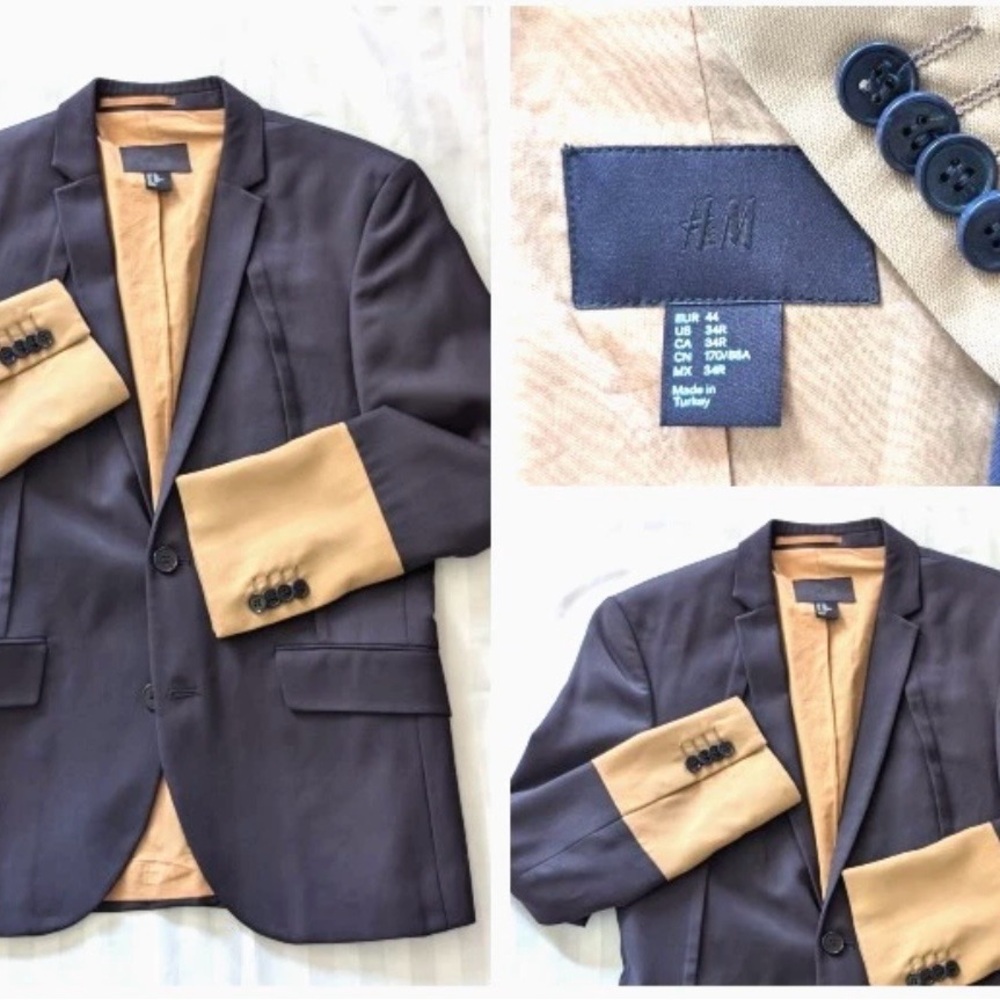 H&M 34R Preppy Navy Blue Blazer with Khaki Cuffs & PLEATED chest